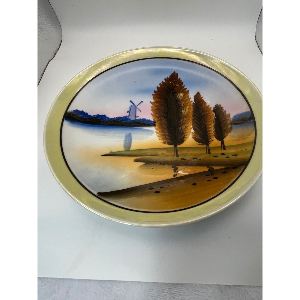 Vintage Japanese Lusterware Windmill Plate – Repaired with Factory Flaws